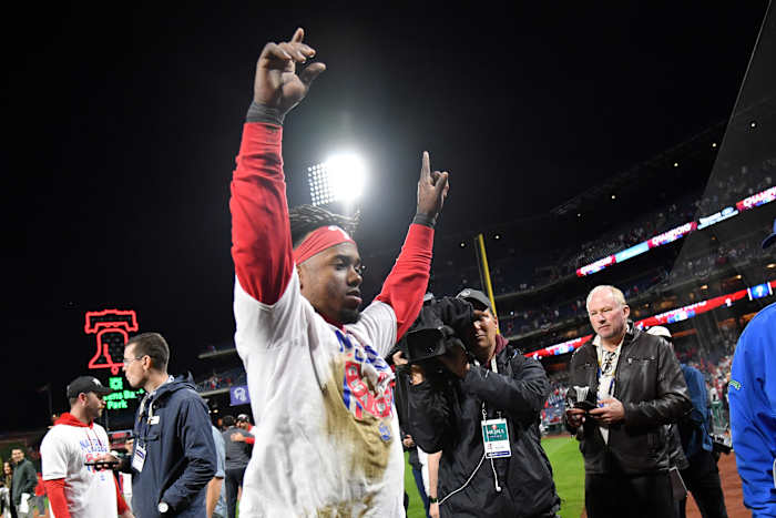 Jean Segura celebrates the NLCS victory at Citizens Bank Park.